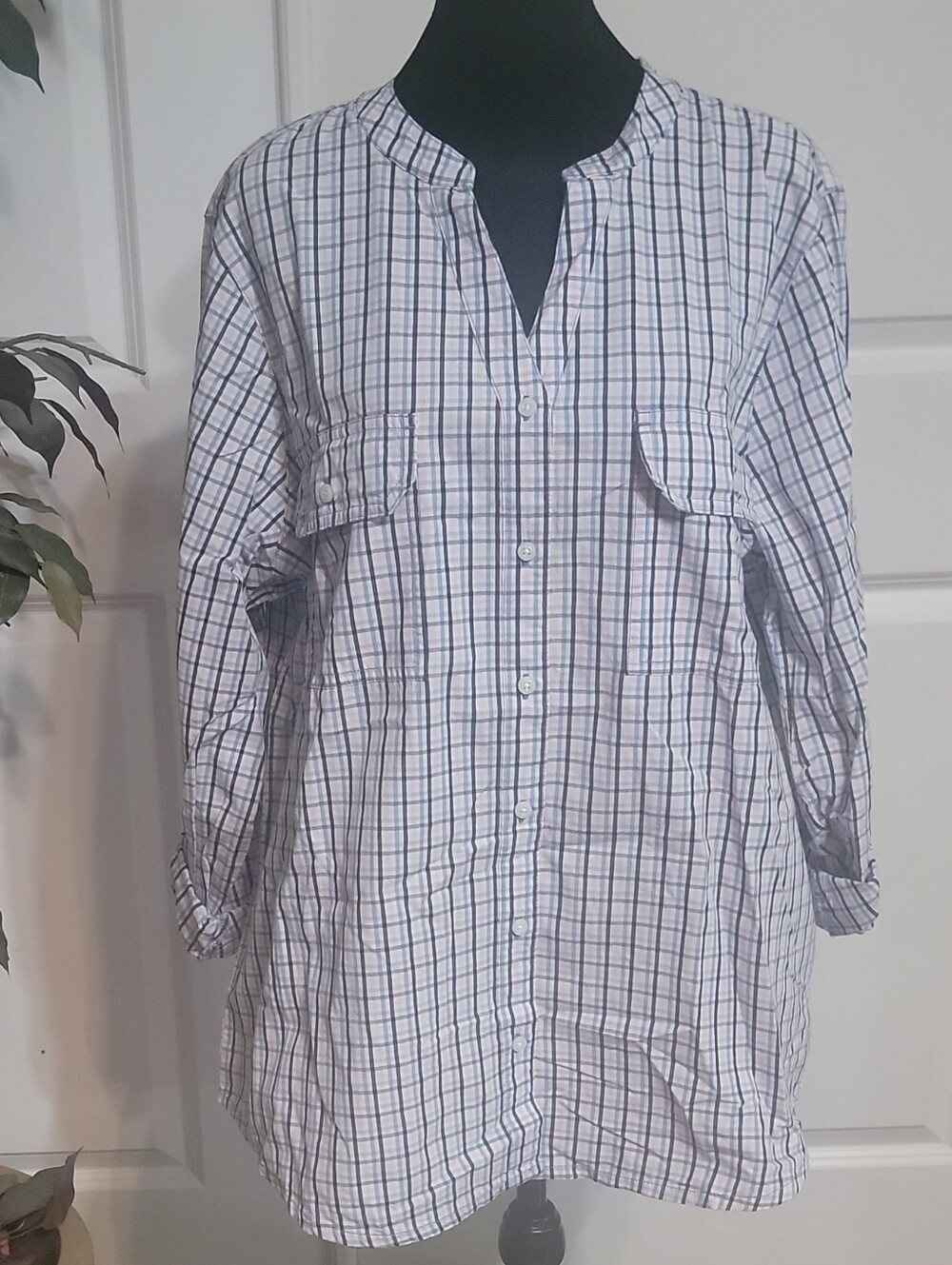 St. John's Bay White and Navy Plaid Button-Front Shirt Tunic